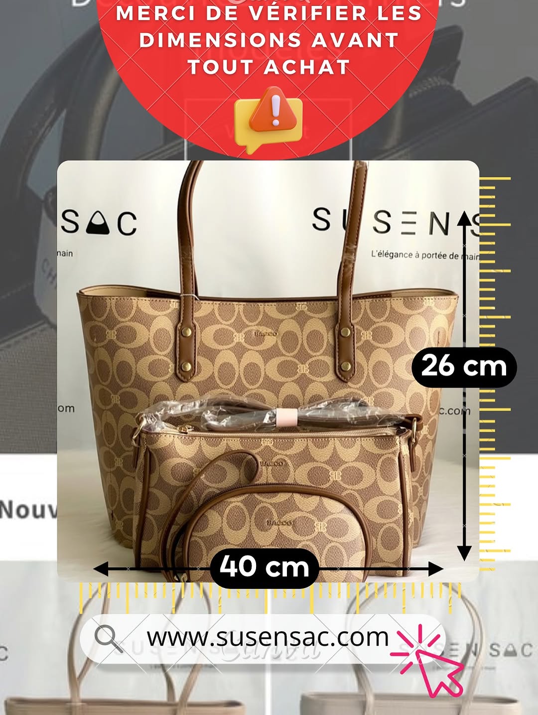 Sac à Main BAGCO 3 Pièces – Grand Sac Cabas + Bandoulière + Pochette Élégante