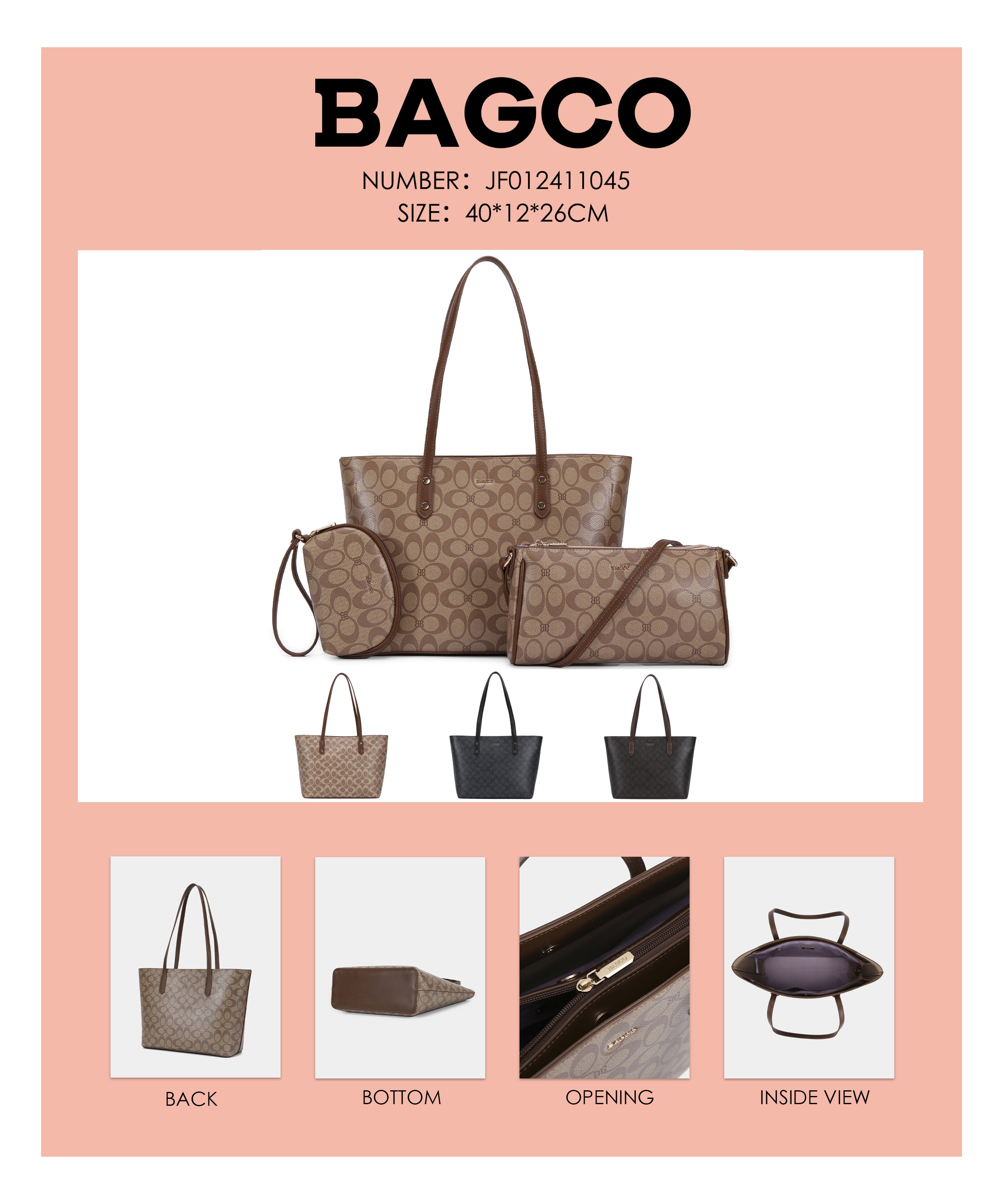 Sac à Main BAGCO 3 Pièces – Grand Sac Cabas + Bandoulière + Pochette Élégante